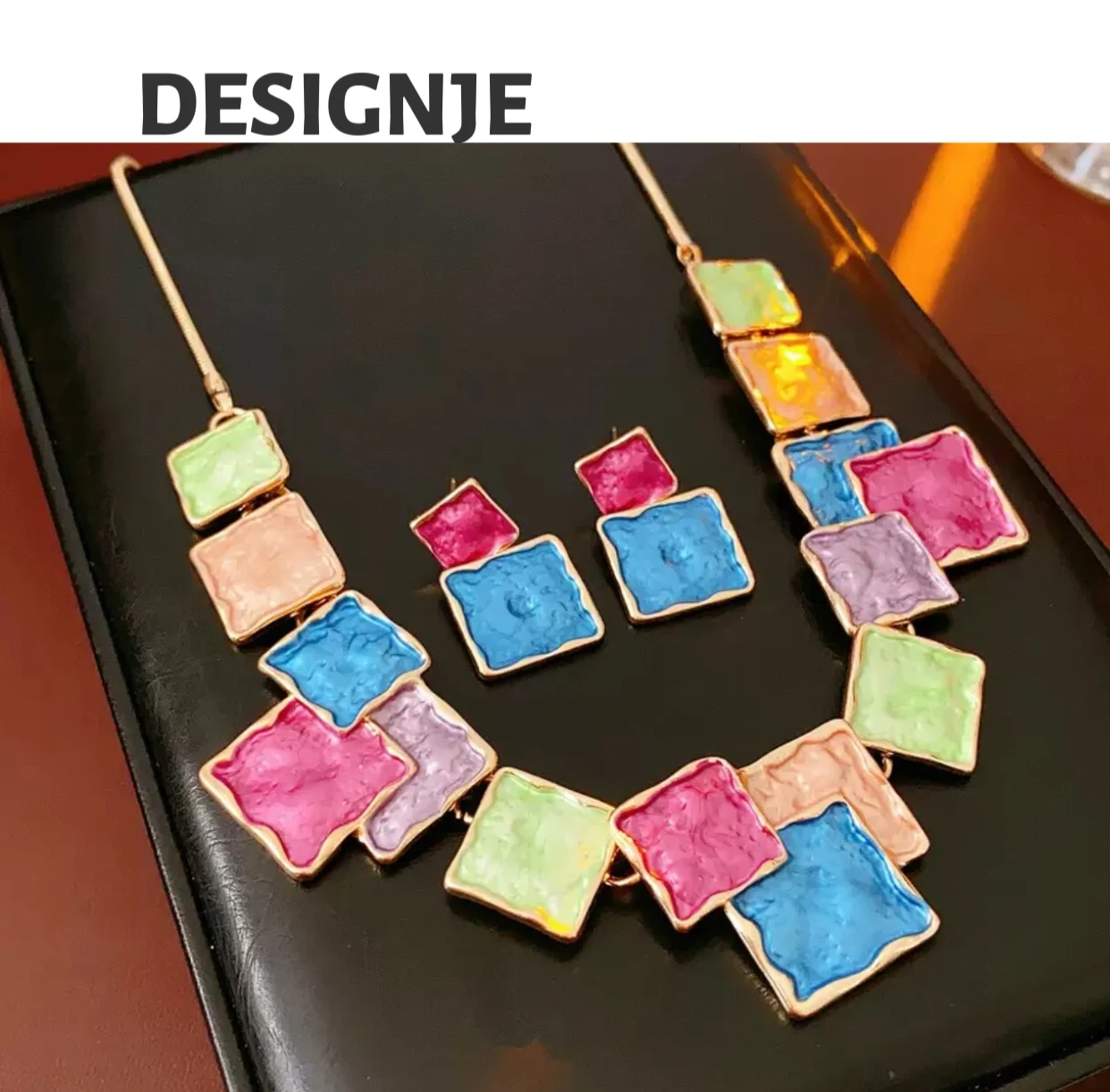 

Hot-selling dopamine square oil drip pendant earrings necklace fashion all-match set design sense luxurious accessories women's