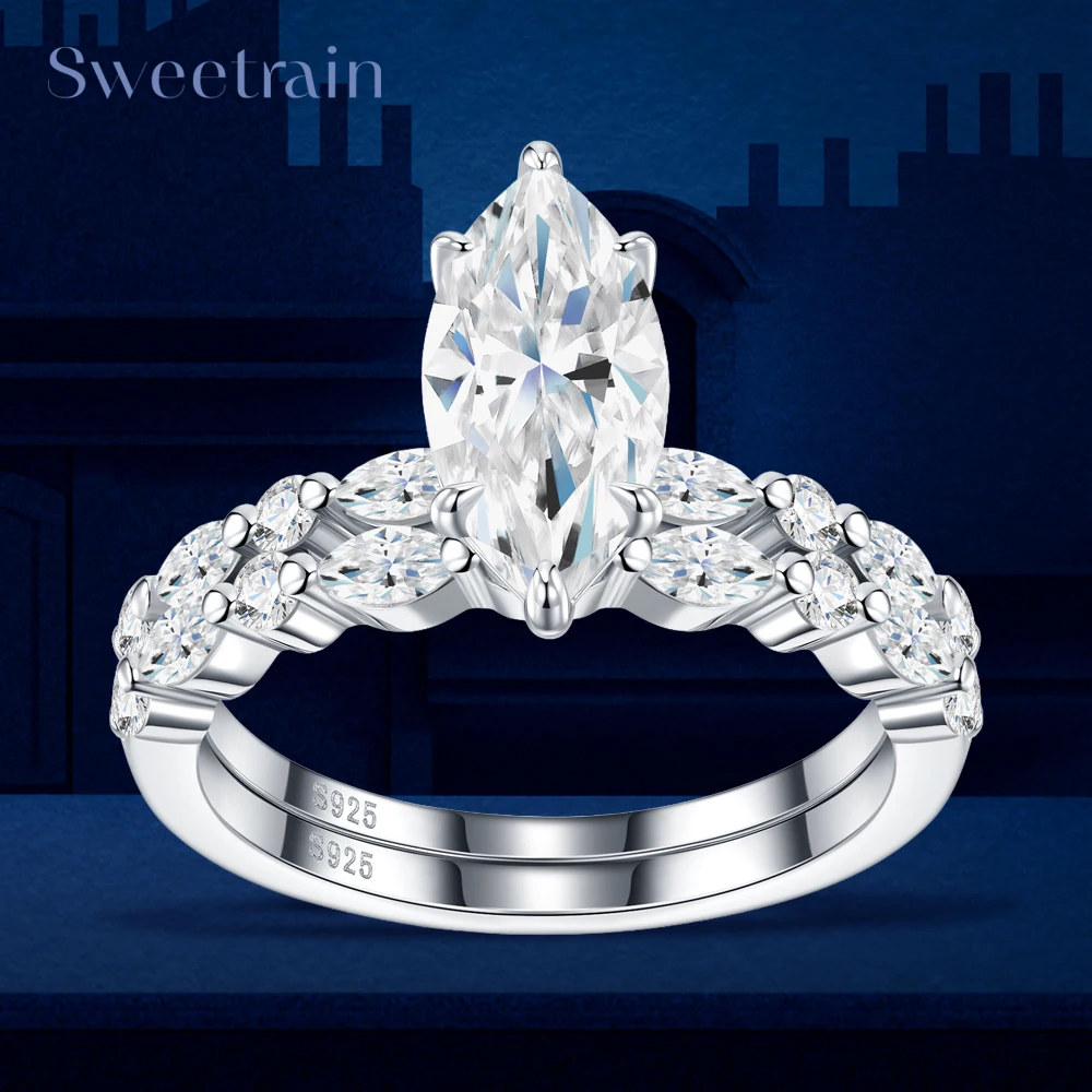 2PCS Full Moissanite Wedding Ring 2CT Marquise Cut GRA Diamond 925 Sterling Silver Engagement Ring for Women Fine Jewelry Gift
