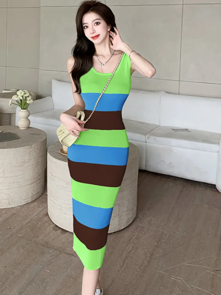 

SMTHMA New Fashion Knitted Stripe Bodycon Dress Women Soft Elastic O-Neck Sweater Summer Midi Party Dresses