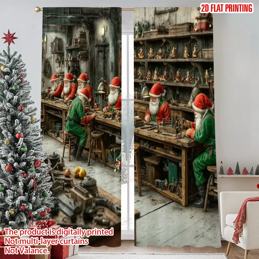 

2 шт., 2D плоская печать, веселые рождественские шторы, Санты, мастерская, изображение эльфов, рабочий полиэстер без электричества, праздничные шторы