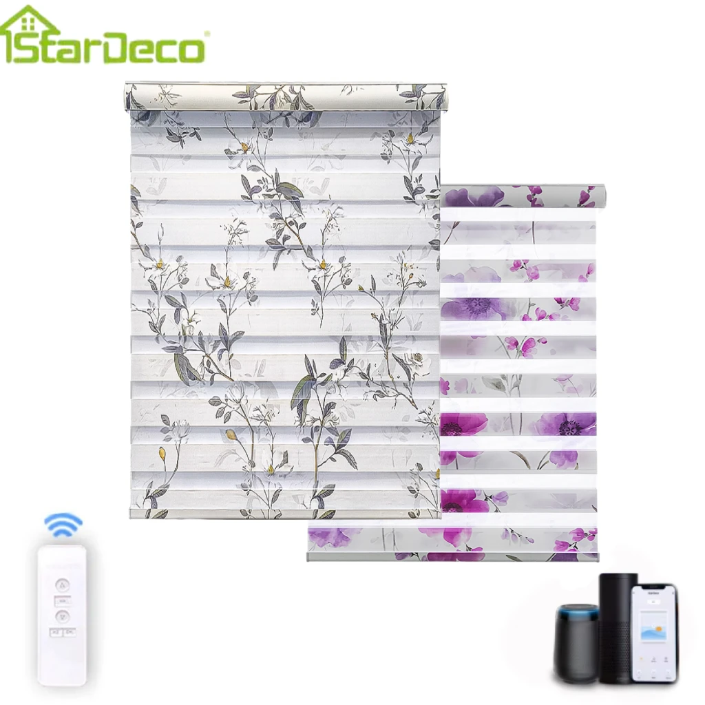 Stardeco Custom Design Blackout Cordless Dual Layer Day and Night Shade Printed Motorized Printed Zebra blind Fit for Windows