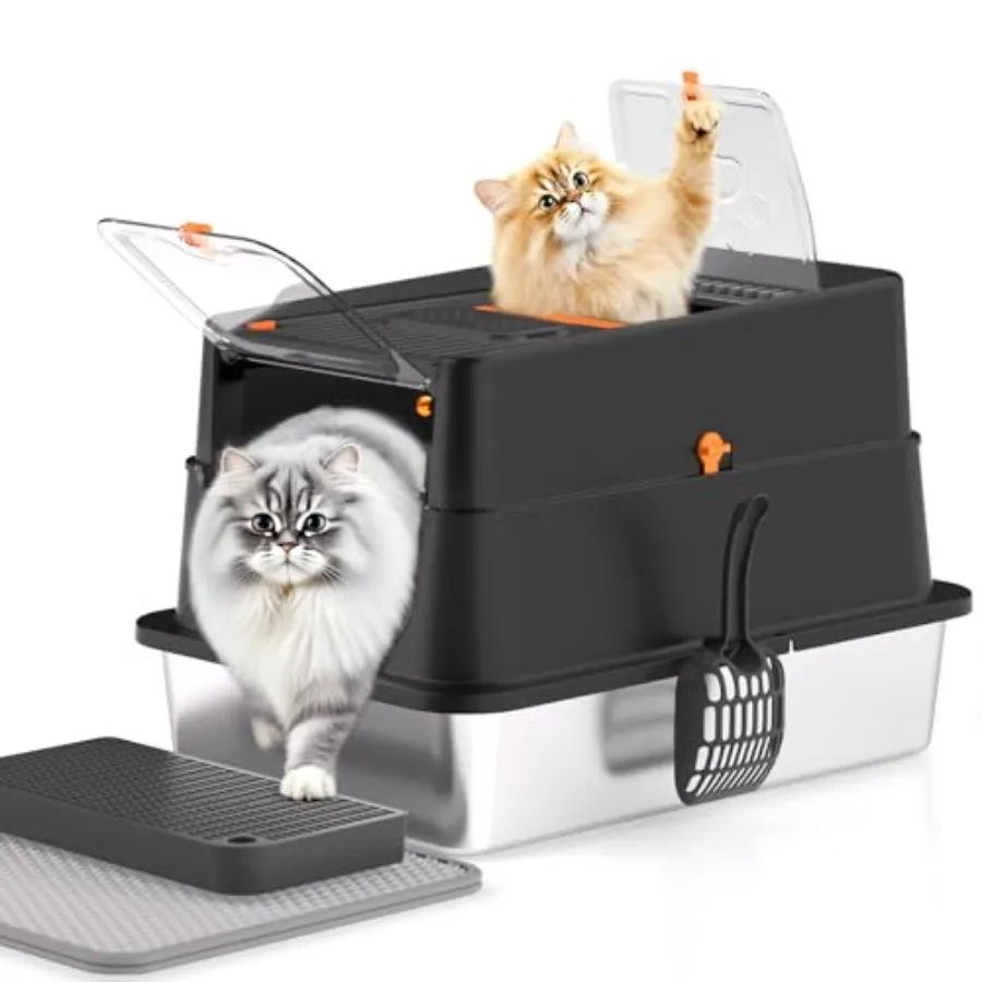 Stainless Steel Cat Litter Box XL Enclosed Cat Litter Box with Lid Easy to Clean High-Sided Metal Kitty with Top Entry Scoop Ma