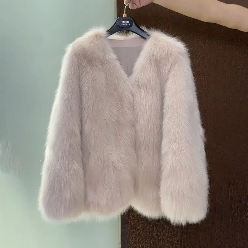 Women's Fall Winter Tops Jacket V-neck Faux Fox Fur Outerwear Design Luxury Brand Warm Simple Fashion Comfortable Eco-friendly