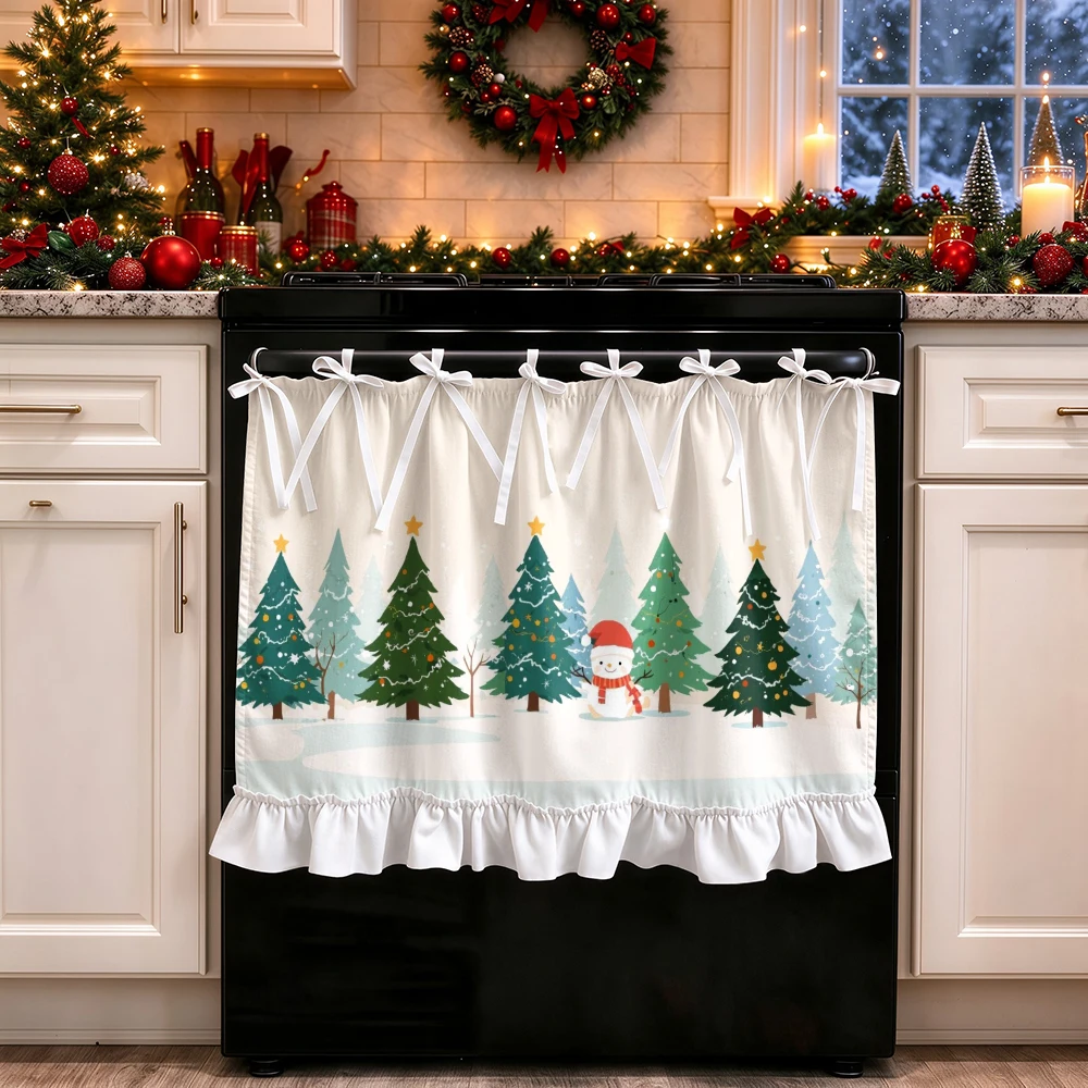 1PC lace up kitchen curtain, ruffled hem, 2D flat Snowman Tree pattern, cabinet cover curtain, Christmas home decoration