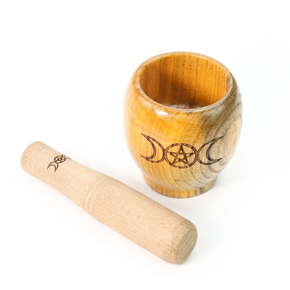 Wooden Masher Bowl Mortar Pestle Set Pentagram Triple Moon Goddess Crushing Jar Divination astrology ritual witchcraft props