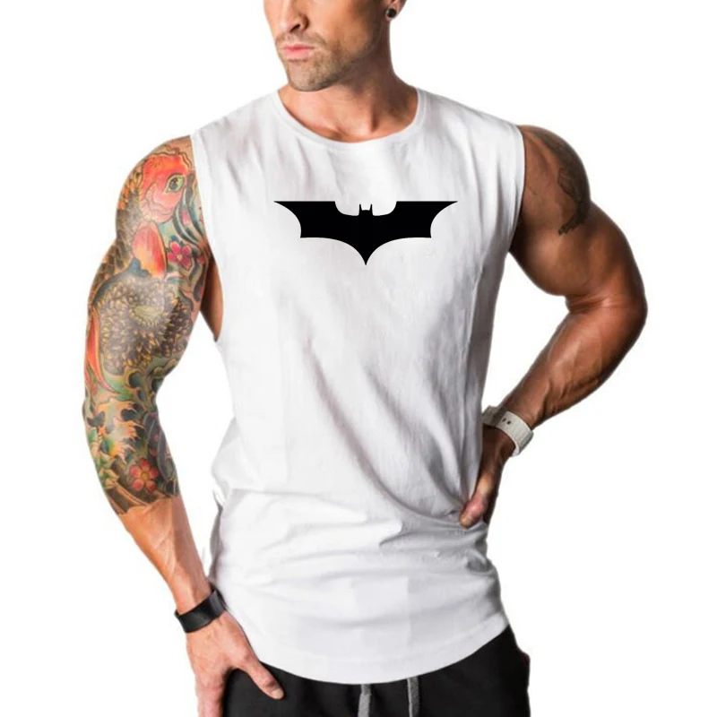 Schwarze Fledermaus Fitness Tanktops Herren Baumwolle Bodybuilding Stringer Weste Sommer O-Ausschnitt Sport kleidung Laufen Sport ärmelloses Hemd