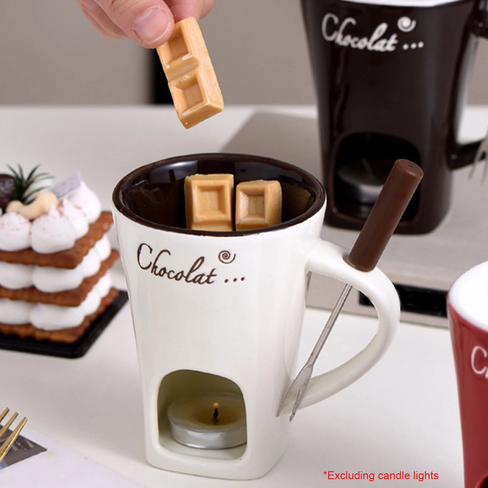 Ceramic Fondues Cup Gift Set with Fork Personal Fondue Warmer Mug 130ml Capacity for Date Night Birthday Wedding Gifts