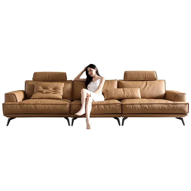 Italian minimalist leather first layer cowhide three-person high backrest headrest adjustment down straight row sofa