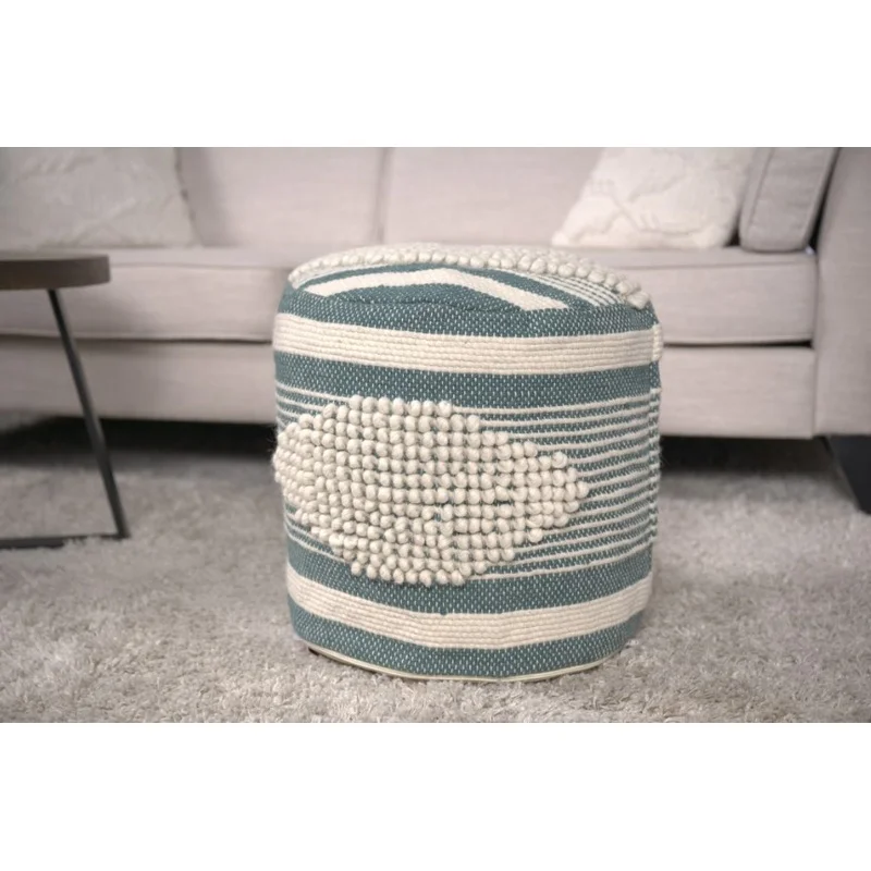 

White and Teal Handcrafted Fabric Cylindrical Pouf