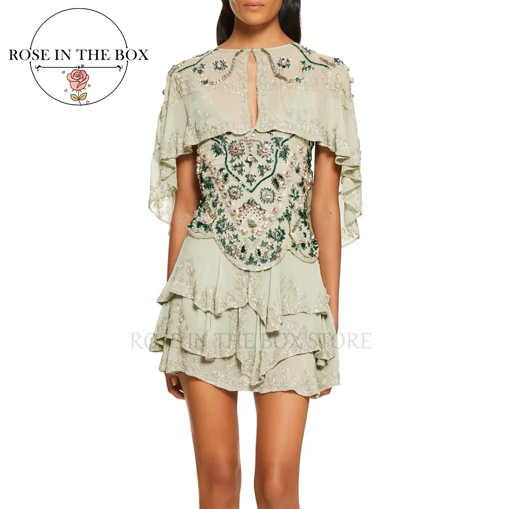 ROSEINTHEBOX Chiffon Ruffled Mini Dress Spaghetti Straps with Capelet A-line Fully Beaded Crystal Evening Dress Customize
