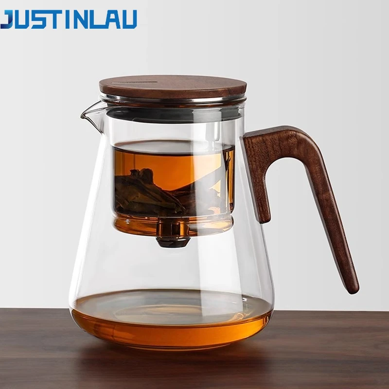 JUSTINLAU 500/800ml Magnetic Switch Tea Pot Heat-Resistant Glass Tea Water Separator Tea Set Wood Handle Home Tea Making Tools