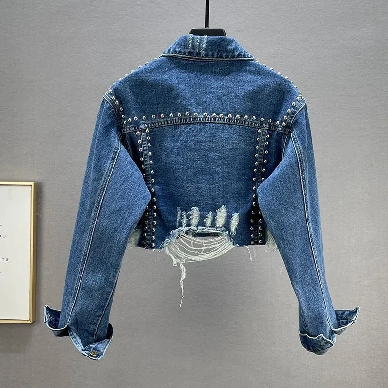Ultra Short Nail bead Denim Jacket Women's Streetwear 2026 Spring Autumn Heavy Industry rivet Studded Diamond Denim Jacket Tops