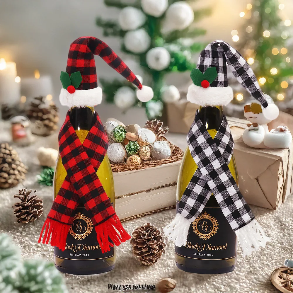 

2pcs/set, Creative Cartoon Santa Hat Scarf Wine Bottle Cover, Christmas Supplies Festival Daily Necessities Household Decor