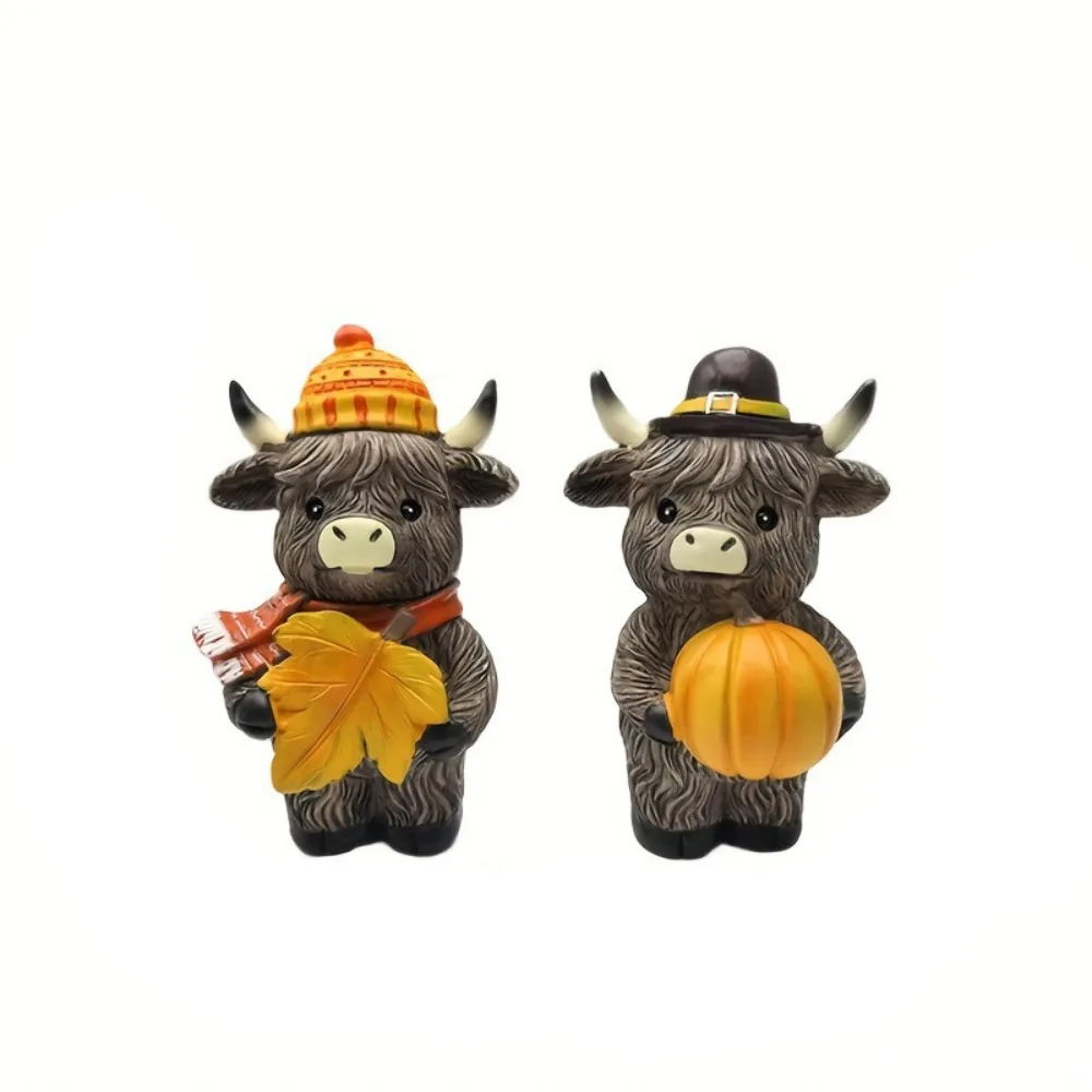 

2pcs Crafts Funny Highland Cattle Ornament Cute Resin Cow Statue Decorative Animal Figurine Sculpture Garden