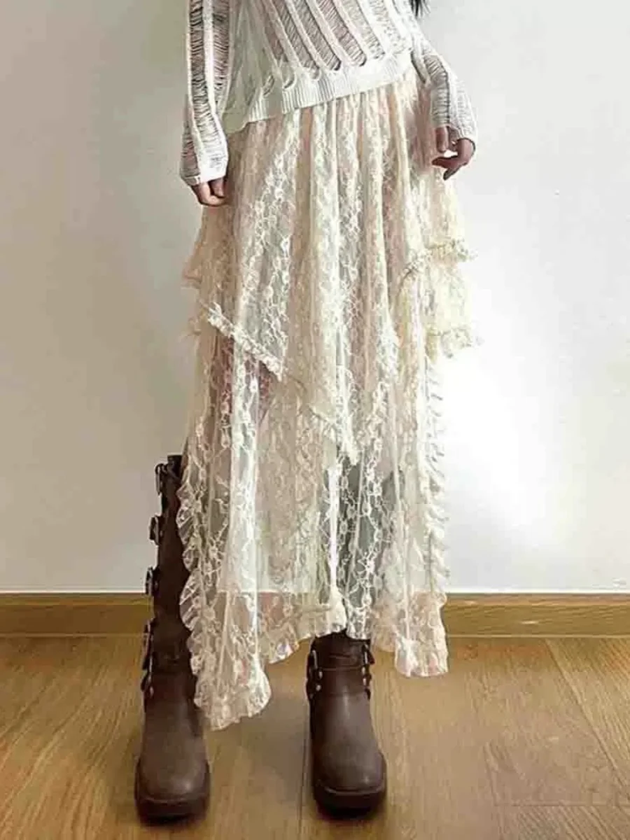 Sweet Cool Punk Girl Long Sleeve Collarbone Baring Outfit Bohemian Style Irregular Half Skirt Two Piece Set Korean Style Commute