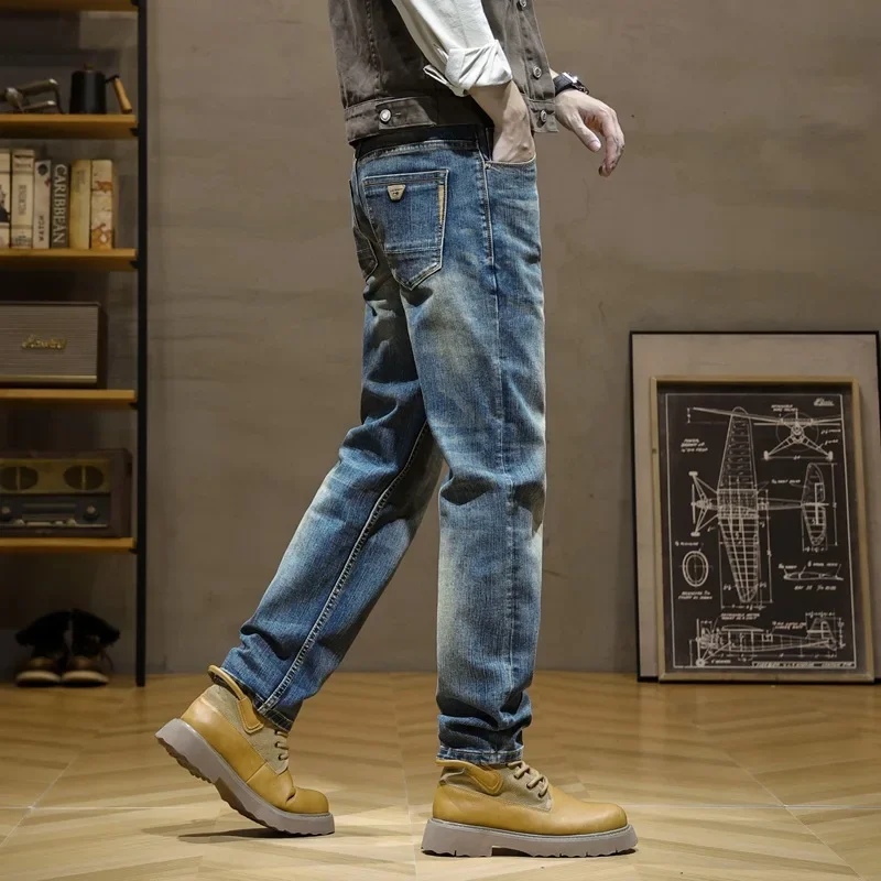 이탈리아 스타일 패션 남성 청바지 레트로 블루 탄성 슬림핏 찢어진 청바지 남성 바지 빈티지 디자이너 캐주얼 데님 팬츠