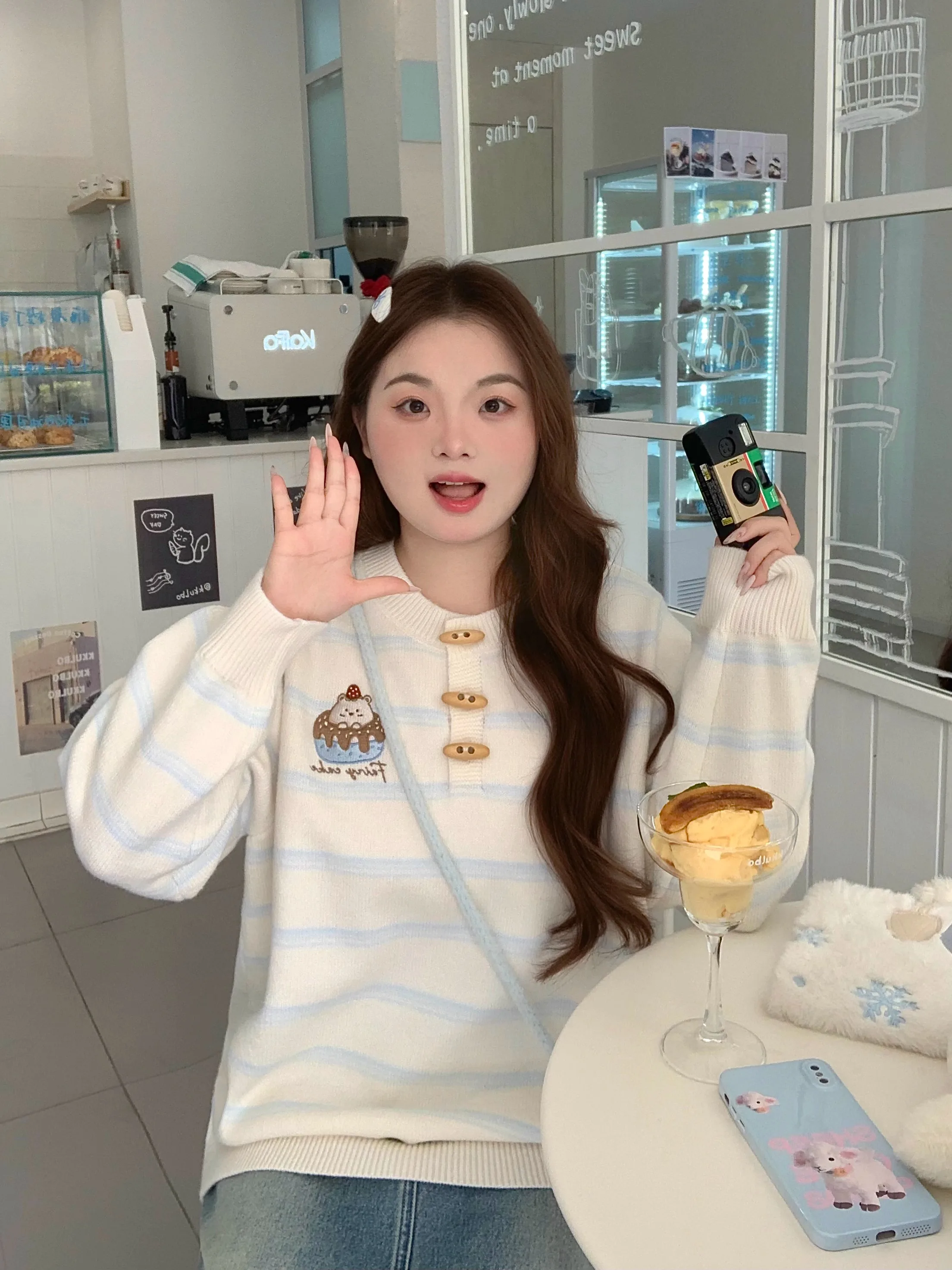 

Зимний синий полосатый вязаный свитер с вышивкой, женский, свободного кроя, теплый, с длинными рукавами, круглым вырезом, топ