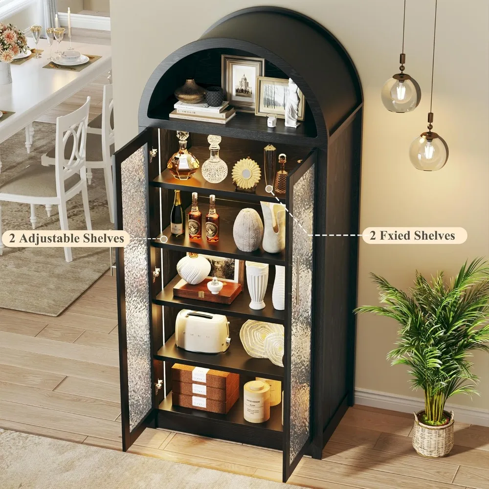 خزانة مقوسة طويلة مع 3 أضواء ملونة، خزانة تخزين مخزن المطبخ مع أبواب زجاجية وأرفف قابلة للتعديل، حديثة من 6 طبقات