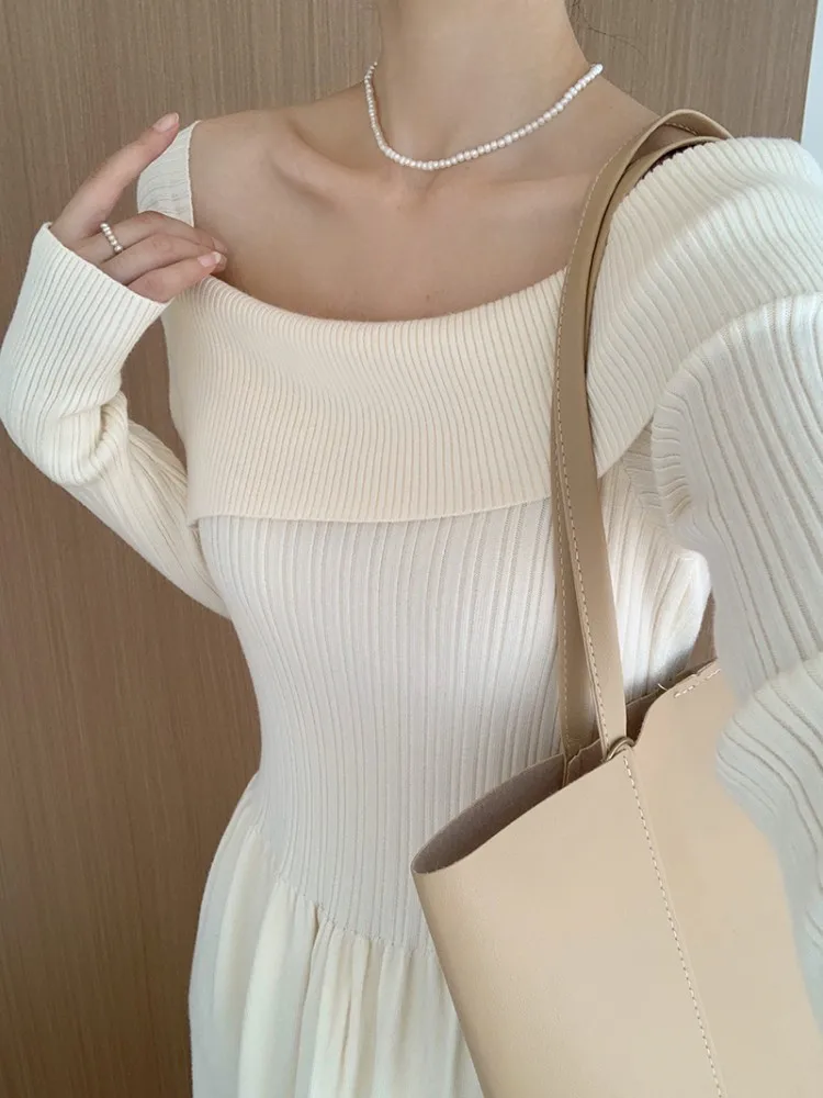 One Shoulder Temperament Long Sleeved Knitted Dress For Women In Autumn And Winter, Unique High-End Feeling, Slim Fit Long Skirt