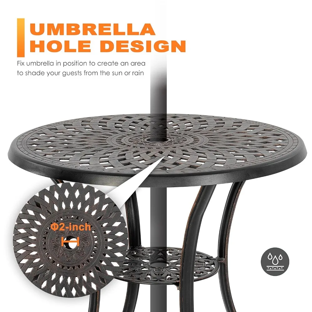 

31" Round Patio Bistro Table, Cast Aluminum Round Outdoor Bistro Table with Umbrella Hole for Poolside, Deck, Customized