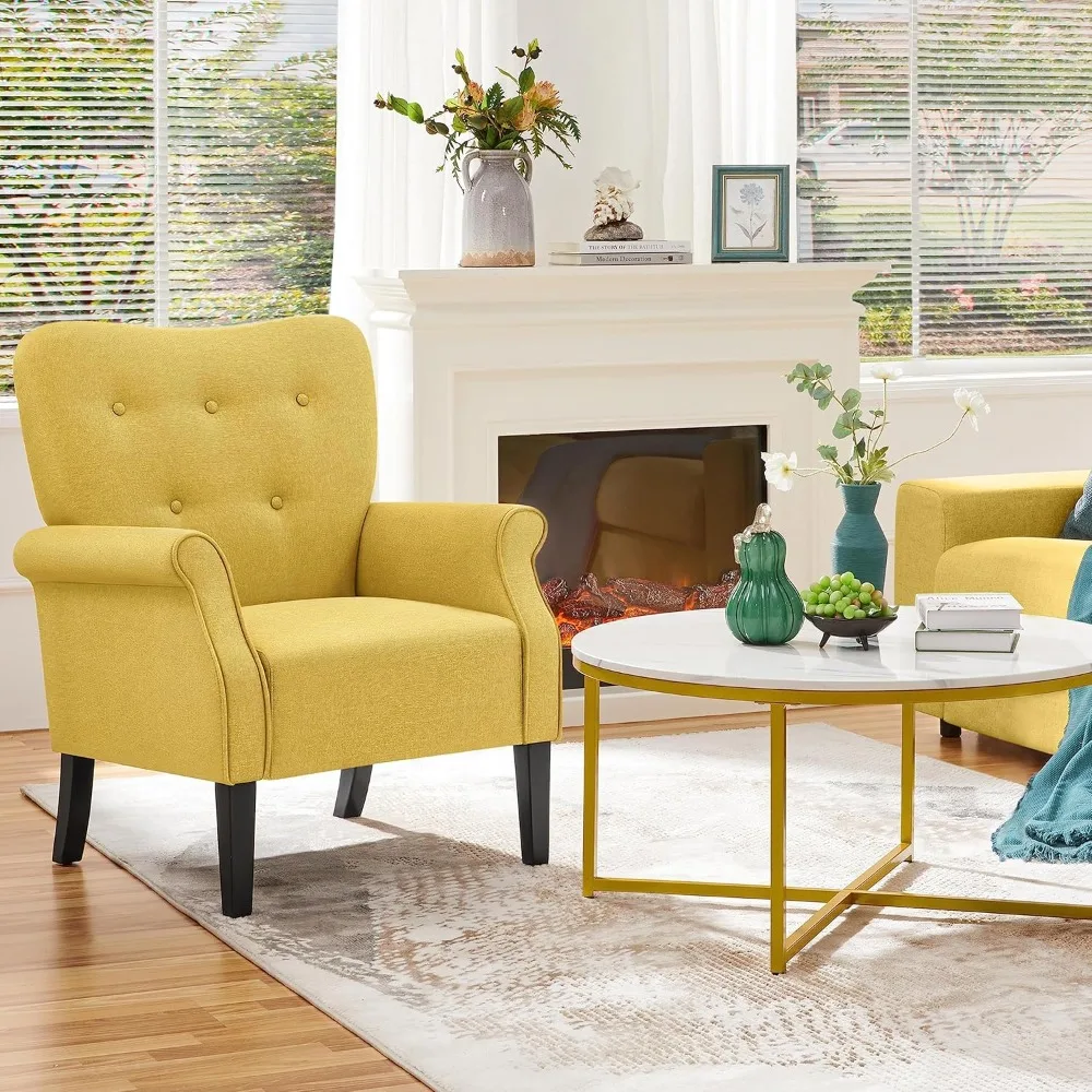 Modern armchair with sturdy wooden legs and high back, suitable for small spaces, set of 2, yellow