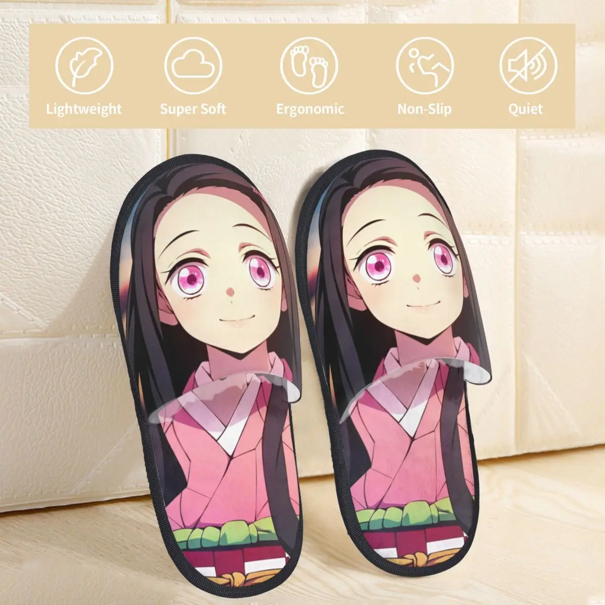 Zapatillas peludas de invierno, accesorios Kawaii Nezuko, toboganes de piel para el hogar, zapatillas para sala de estar, toboganes suaves antideslizantes Demon Slayer