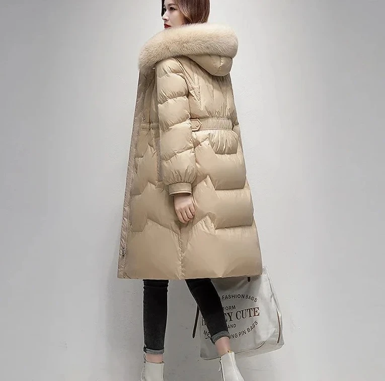 Doudoune mi-longue écologique pour femmes, col au-dessus du genou, plumes de canard blanches, vêtements d'extérieur élégants, Style de trajet