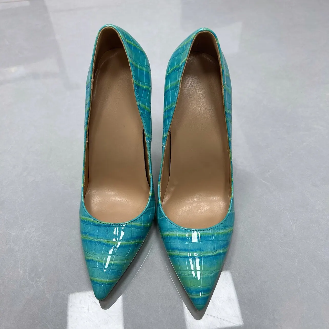 Blue Green Gradient Crocodile Pattern High Heels12CM Pointed Fine Heels Shallow Mouth Round Head Versatile Elegant Women's Shoes