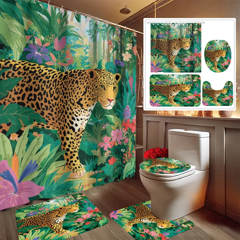 

4pcs Jungle King Style Printed Shower Curtain Set, Decorative Bathroom Set Includes Shower Curtain, Non-Slip Floor Mat