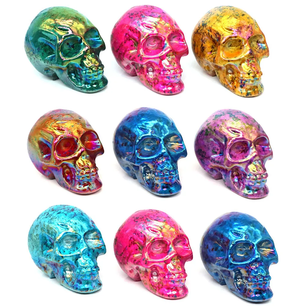 

70mm Colorful Electroplating Skull Natural Stone Reiki Healing Crystal Hand Carved Crafts Plating Gemstone Home Room Decoration