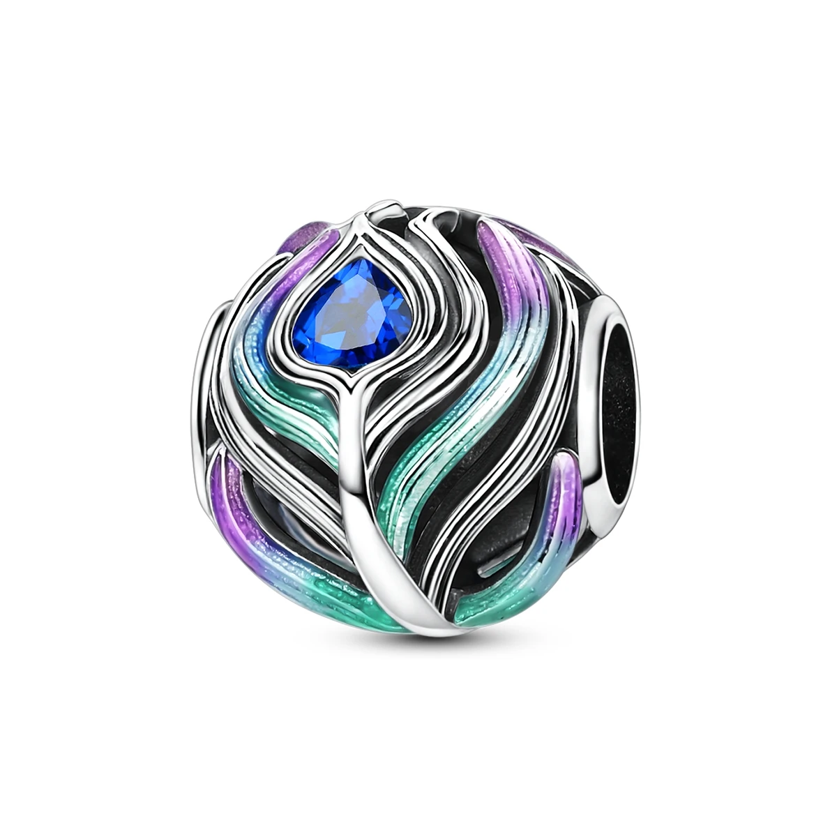 

925 Sterling Silver Peacock Feather Charm Bead Blue Heart CZ Enamel DIY Bracelet Beads Fits European Bracelets Jewelry for Women