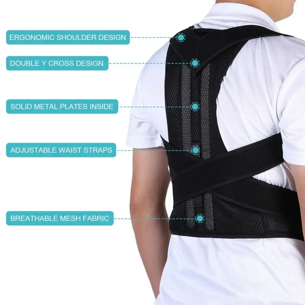 

Unisex Adjustable Straps Posture Corrector Black Breathable Back Posture Brace Polyester Lumbar Support Back Trainer Home Use