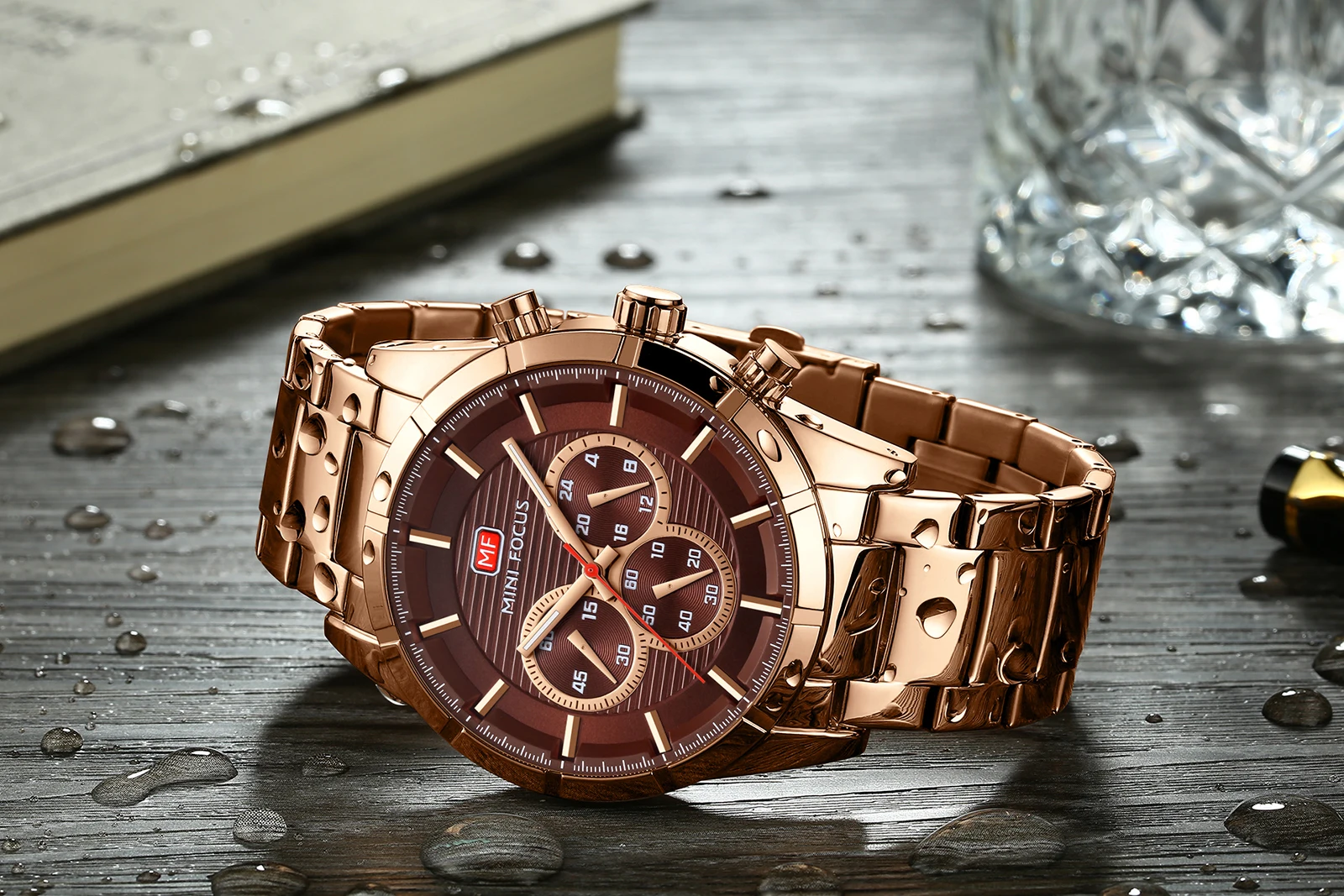 New Mini Focus MF0170G Analog Quartz Watches Waterproof Chronograph Rose Gold Stainless Steel Band Luxury Men Watch