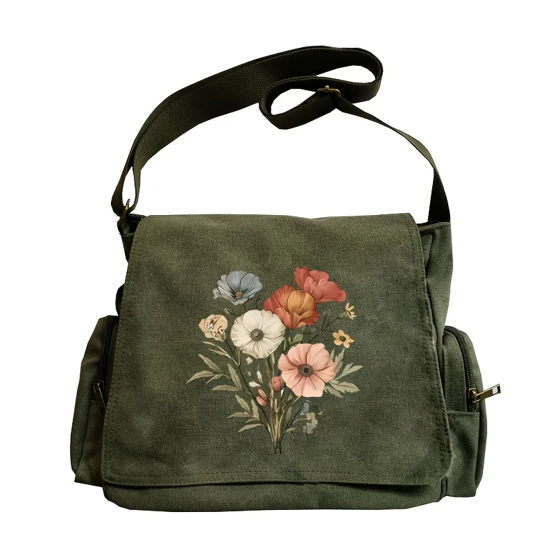 

Vintage Multiple Pockets Women's Shoulder Bag Floral Printed Commuting Crossbody Bag For Women Students Canvas Book Bag