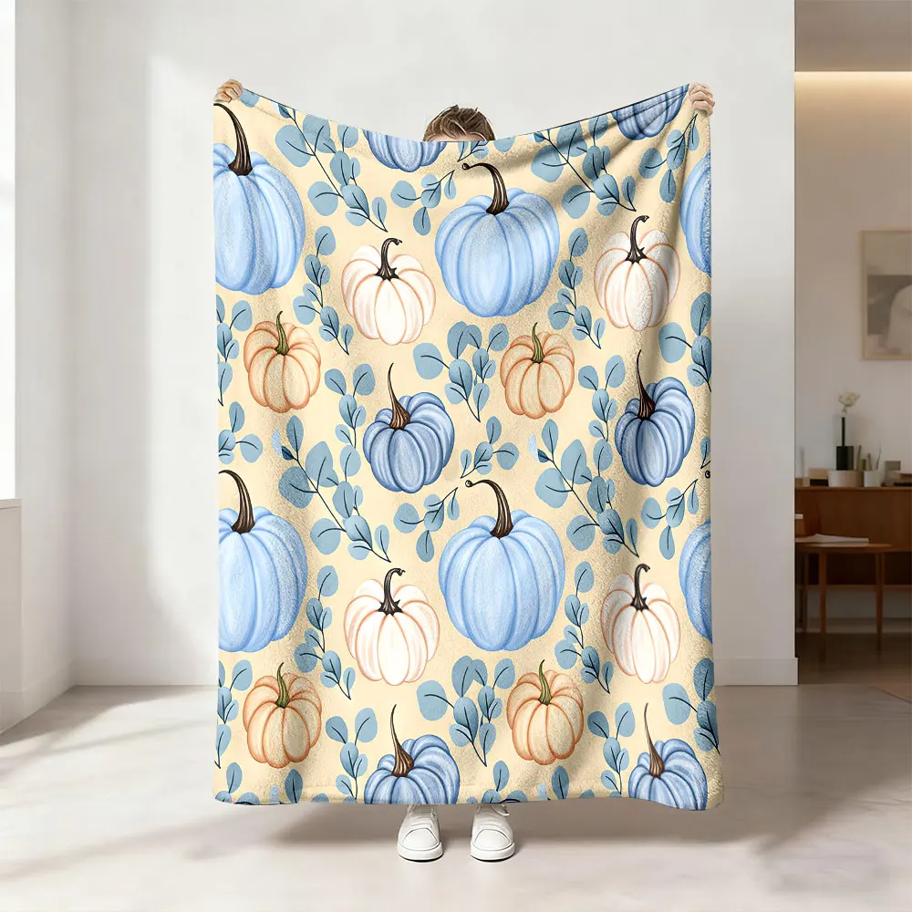 1pc retro watercolor pumpkin eucalyptus print flannel blanket, soft and comfortable lunch breaks  casual gift blanket