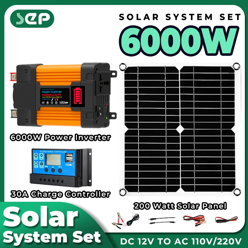 

home solar system power 6000W inverter 200W 5v solar panels 30A controller car camping RV solar kits energy systems power bank