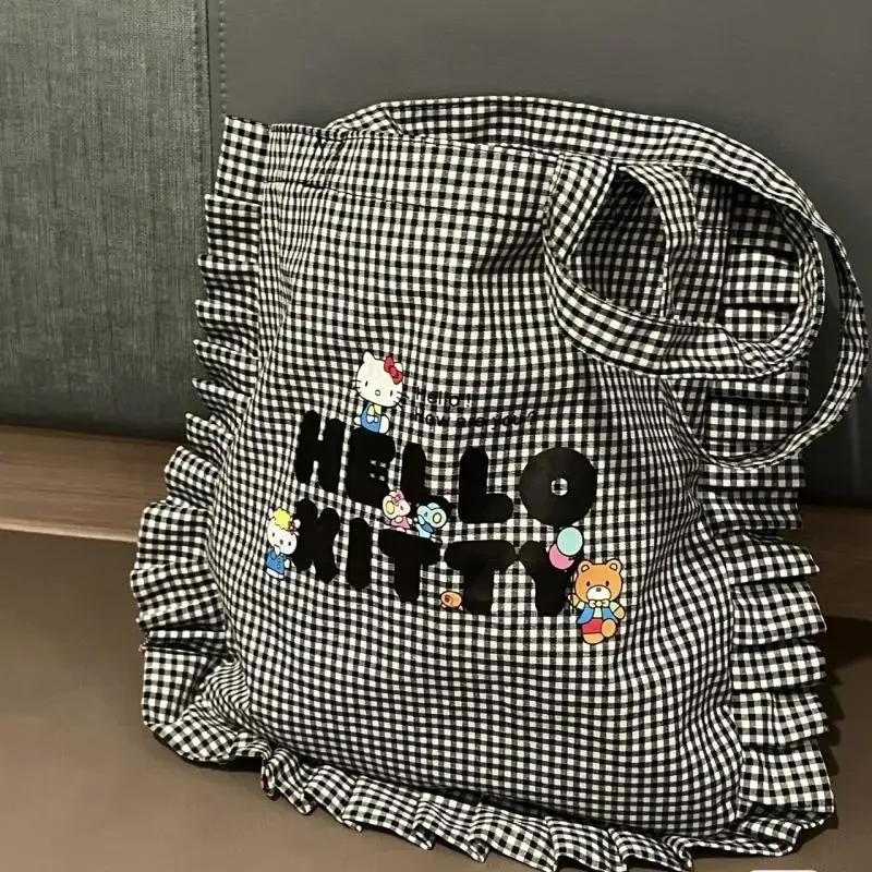 

Сумка через плечо Sanrios Hello Kitty, сумка через плечо с кружевным узором, большая вместительная холщовая сумка для девочек, универсальная сумка для поездок на работу