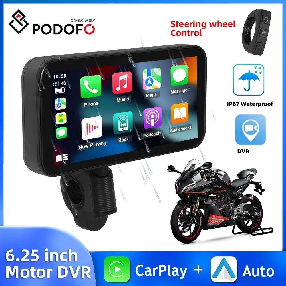 Podofo Motorcycle Navigation Carplay 6.25'' Smart Player Android Auto IP67 Waterproof Carplay Portable Motorcycle Motor Monitor