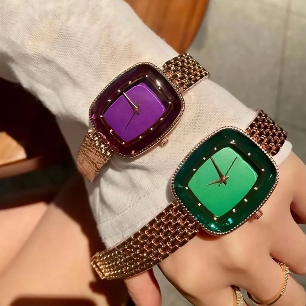 

Fashion Women Wrist Watches High quality Brand Girl Beautiful Rectangle Colorful Gems Design Steel Metal Band Clock