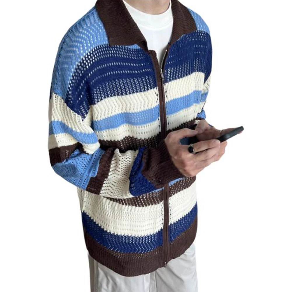 

Мужской винтажный полосатый вязаный кардиган, повседневный свитер с воротником-стойкой, свитер, пальто