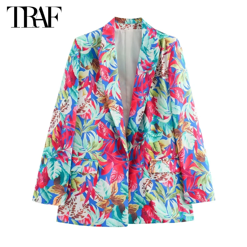 

TRAF Print Long Blazer Woman 2024 Satin Luxury Blazers for Women Long Sleeve Women's Blazers Tropical Holiday New in Jackets