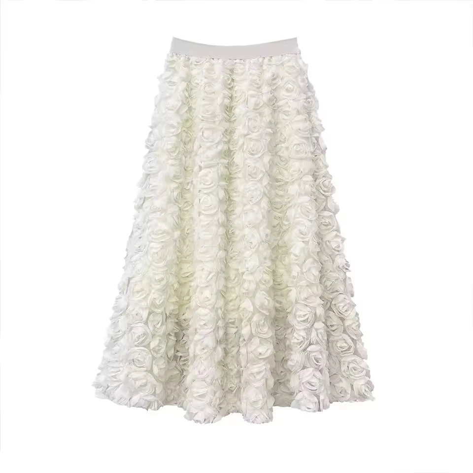 2026 New Women A-line French Style Elegant Three-dimensional Rose Flower Skirt Spring Summer Trend Versatile Long Skirt