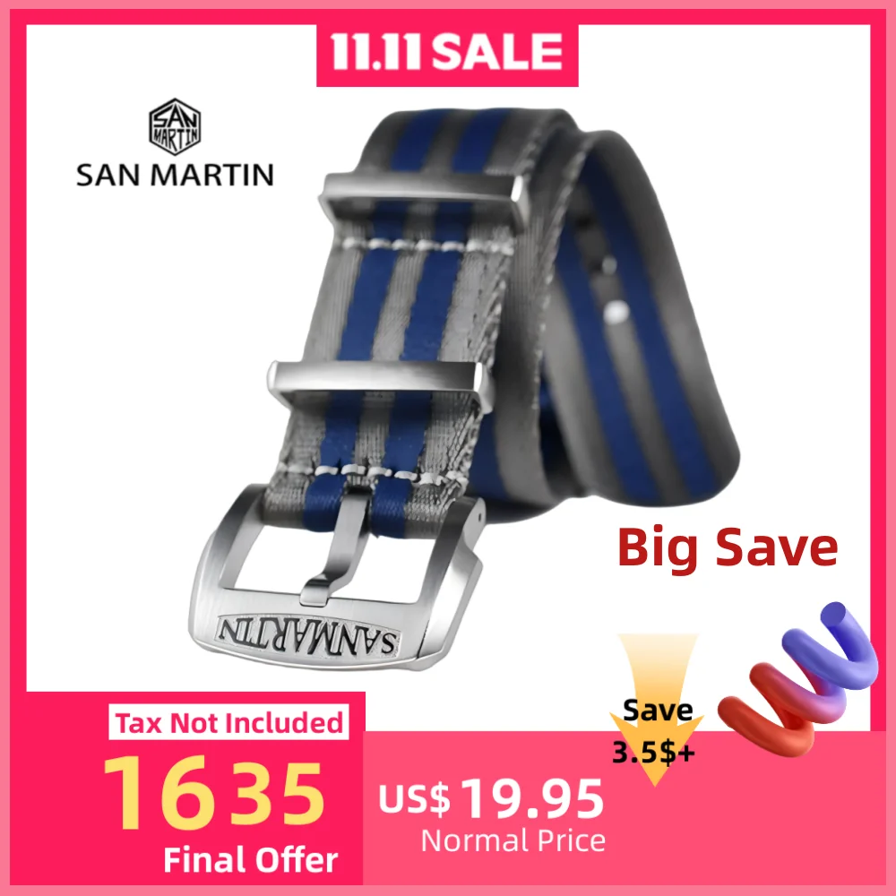 

San Martin 20mm 22mm High Quality Nylon Straps Watch Band Classic Military Replacement Watchband for Men Steel Pin Buckle N113A