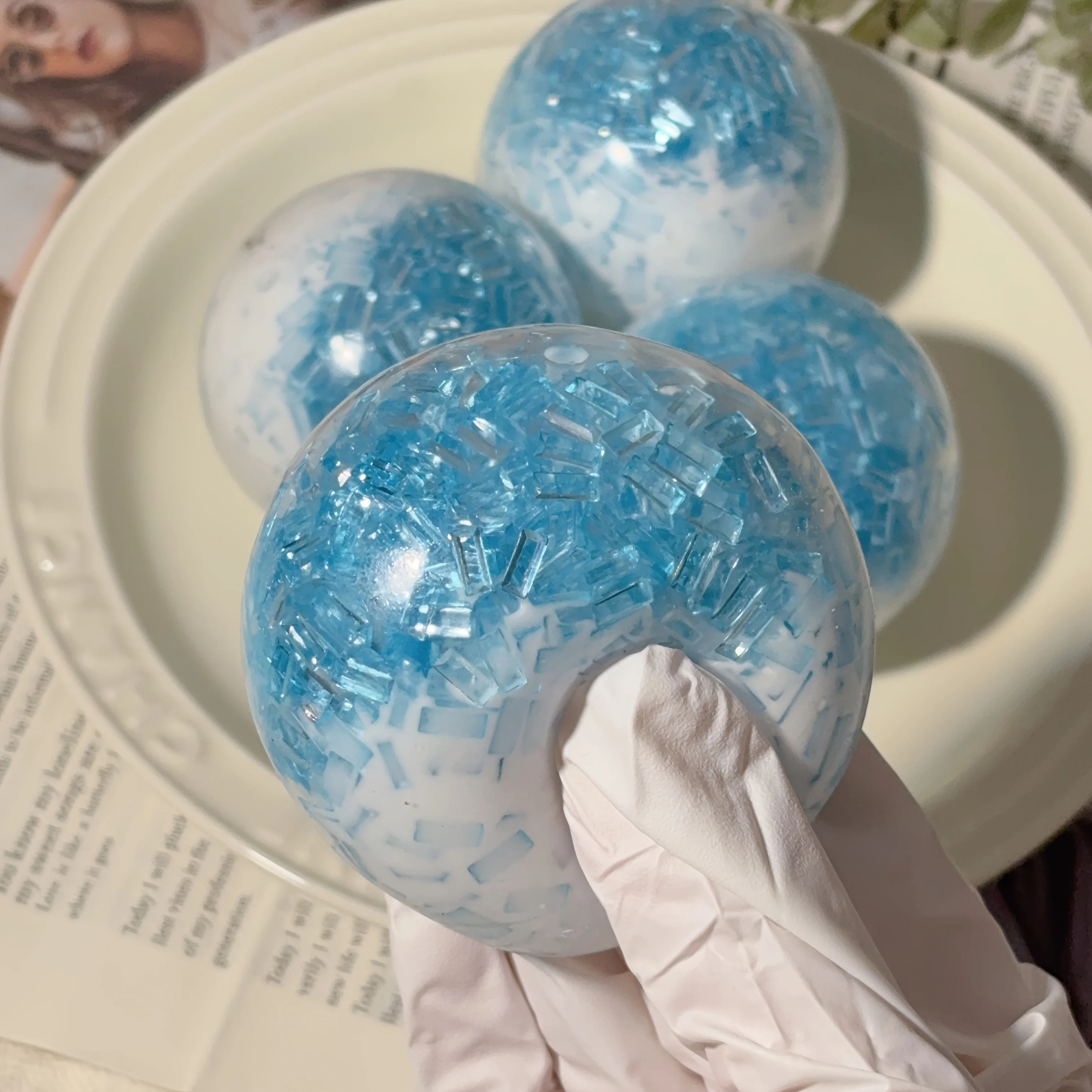 

A blue glacier hand exercise ball, suitable for children and adults as a slow bouncing ball sensory toy, to ventilate emotions and improve attention. It is a soft ball that holds a pressure ball, a classroom prize, and a sensory hand exercise toy
