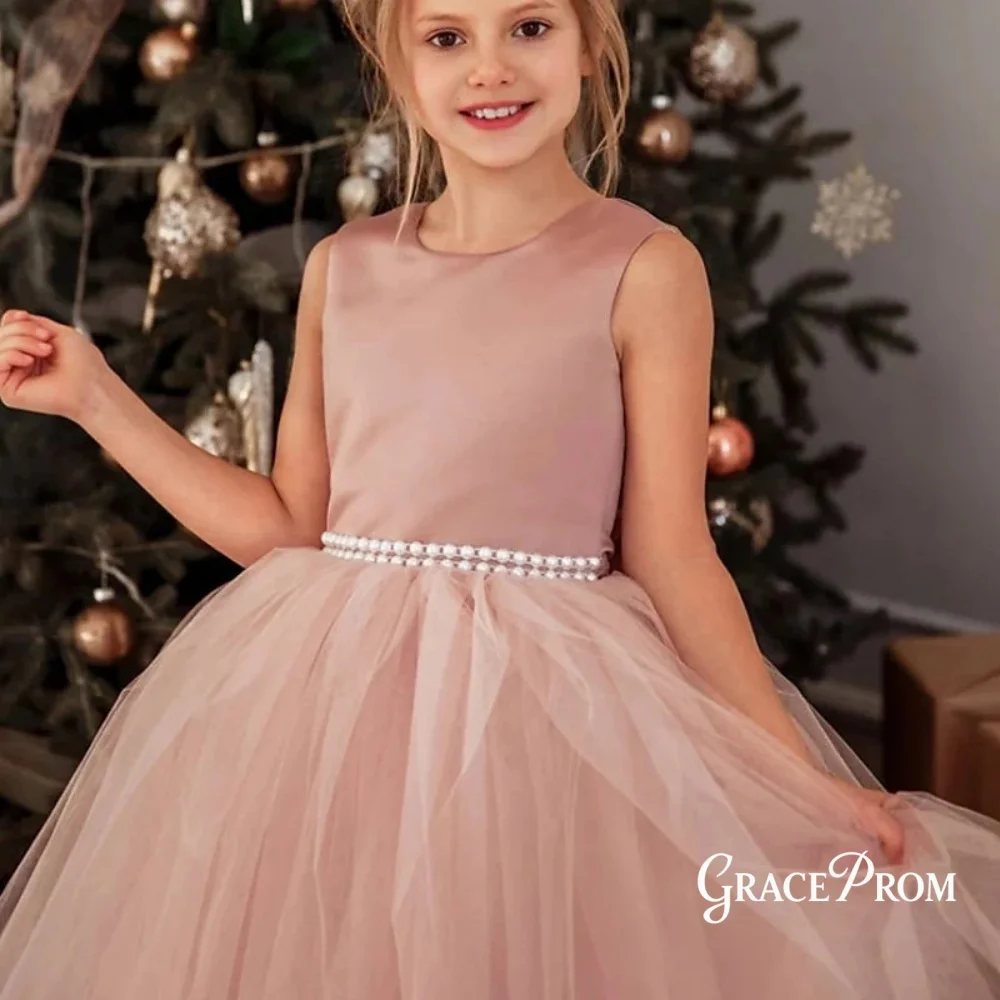 

Sweet Dusty Pink Sleeveless Flower Girl Dress Satin Bodice Tulle Skirt Pearl Waist Back Bow Kids Princess Wedding Party Gown