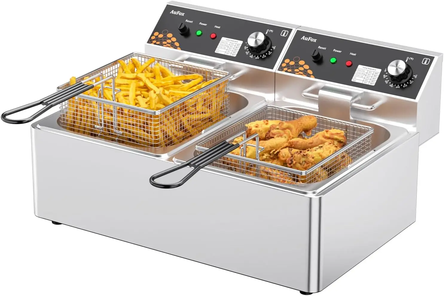 ^Commercial Deep Fryer 20L/21Qt Dual Tank Countertop Fryer 1.0mm Thickened Stainless Steel 3400W Electric Immersion Deep Fryers