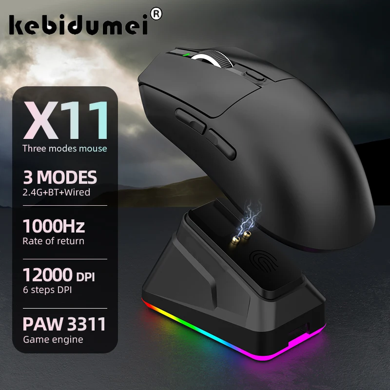 

X11 PAW3311 Wireless Mouse Tri-Mode 2.4G/Bluetooth/Wired 12000 DPI RGB Lights Mouse PC Accessories With Magnetic Charging Dock