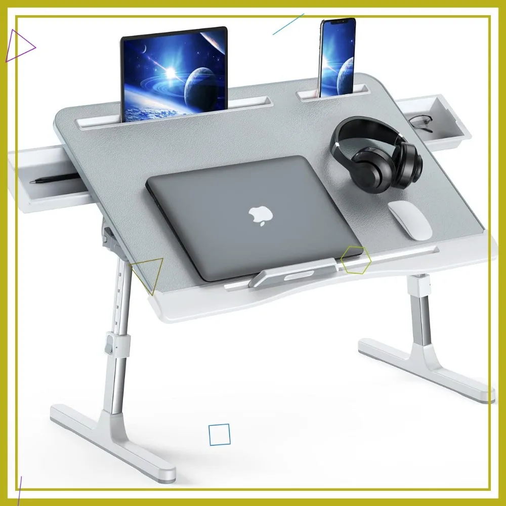 

Foldable Adjustable Laptop Bed Tray with 2 Drawers, X-Large Grey Lap Desk for Sofa Couch Floor