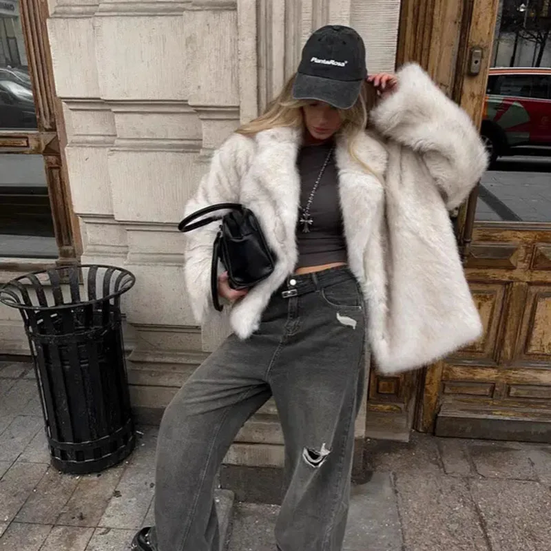 

American Faux Fur Jacket For Women Autumn Winter Trendy Lapel Thicken Plush Coat Fashion High Street Loose Warm Overcoat