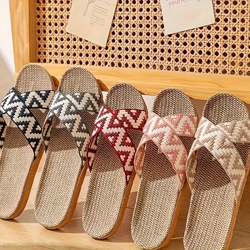 

Women's Linen Flip Flops Flat Bottomed Summer Indoor Slippers Cross Woven Rattan Anti-Slip Household Floor Slippers